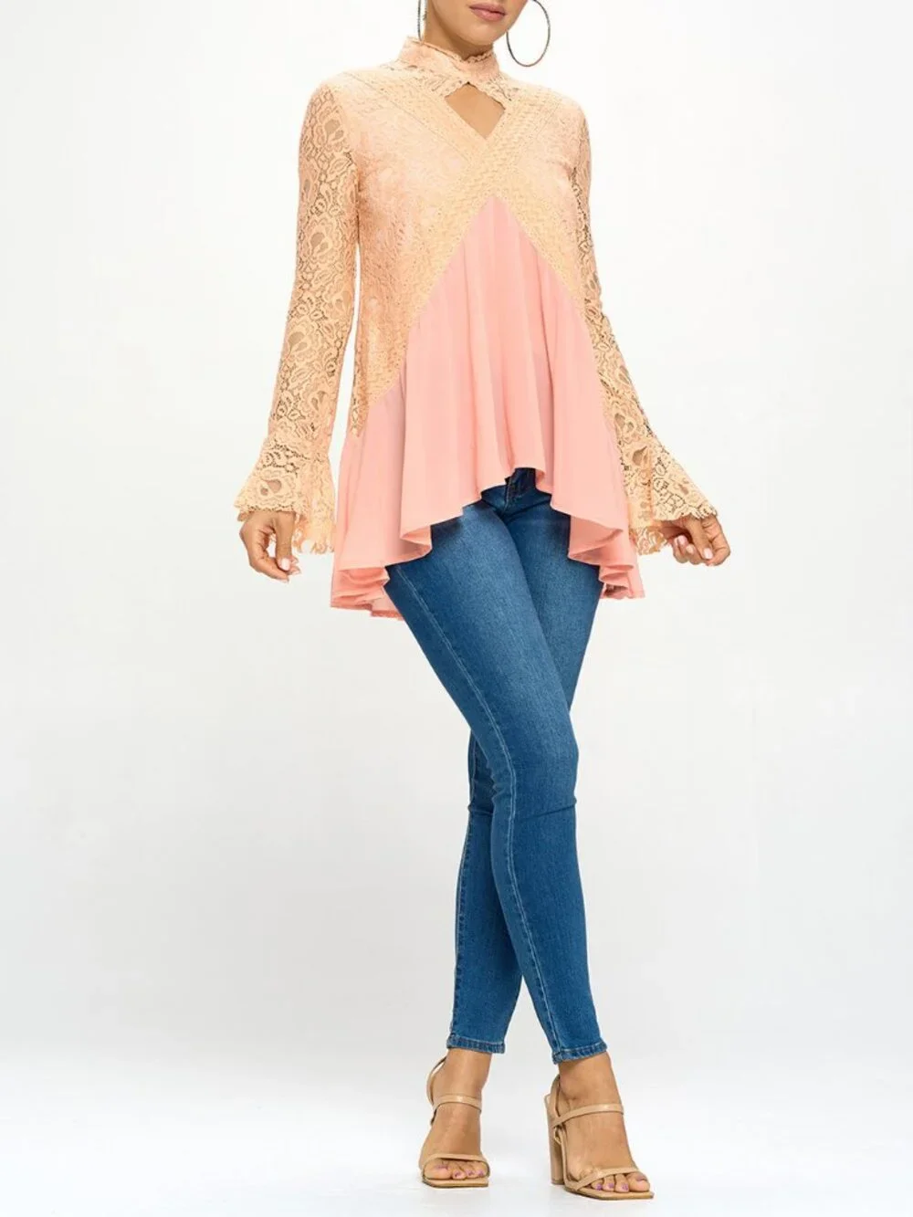 Oh Yes Flowy Lace Trim High Neck Keyhole Tunic Top Long Sleeve White New - Picture 7 of 14